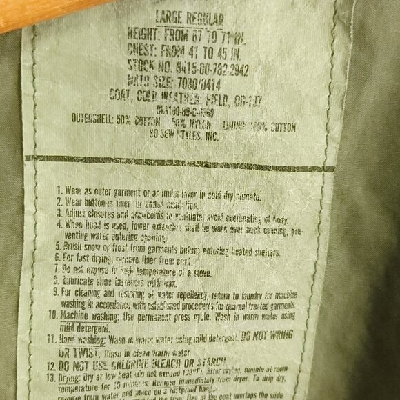 Vtg Military Coat Cold Weather Field Men's Large Distressed OD Green 80s - Picture 9 of 14